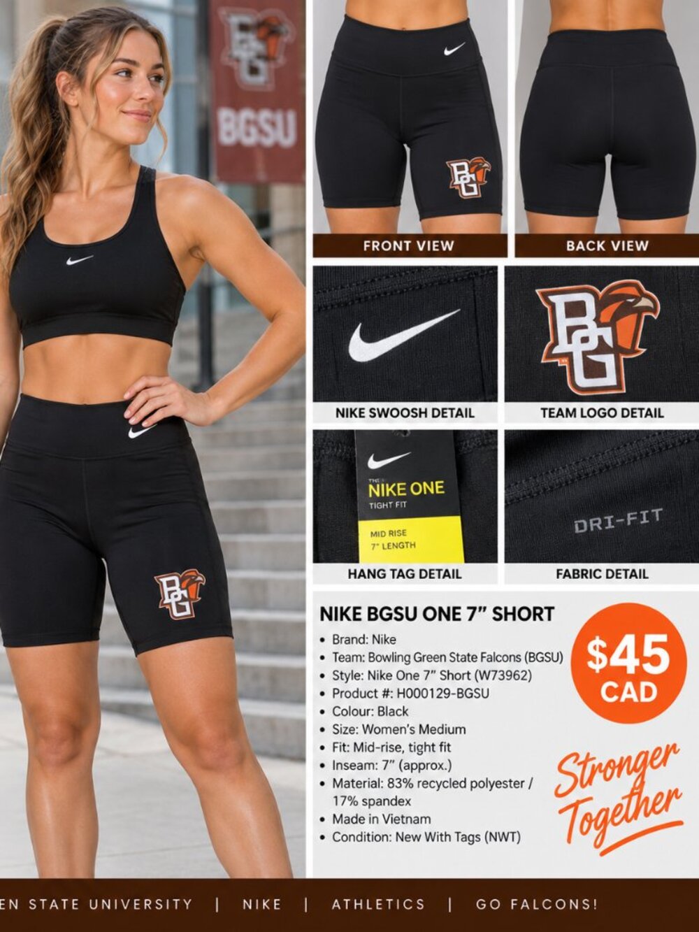Nike BGSU Falcons Dri-FIT One 7" Bike Shorts Women’s M NWT
